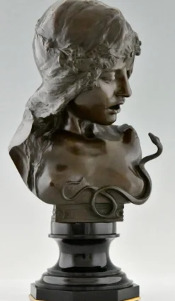 Isidore De Rudder, Jugendstil Kleopatra Büste mit Schlange, 1900, Bronze & Marmor