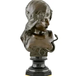 Isidore De Rudder, Jugendstil Kleopatra Büste mit Schlange, 1900, Bronze & Marmor