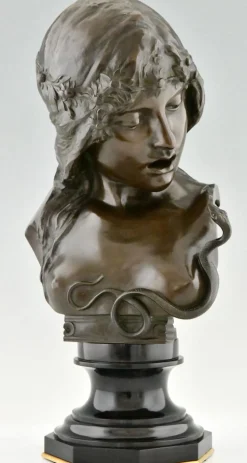 Isidore De Rudder, Jugendstil Kleopatra Büste mit Schlange, 1900, Bronze & Marmor