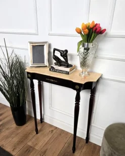 Italienischer Mid-Century Wandtisch aus Holz & Messing mit Marmorplatte, 1950er