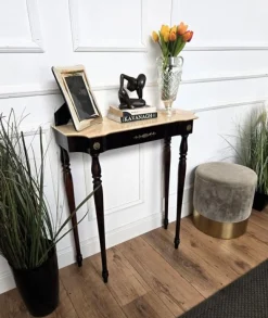 Italienischer Mid-Century Wandtisch aus Holz & Messing mit Marmorplatte, 1950er