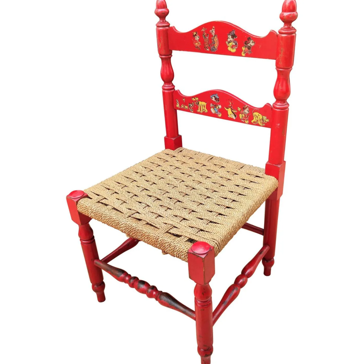 Italienischer Roter Kinderstuhl aus Holz & Seil Binse mit Disney Grafiken
