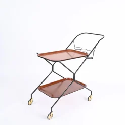 Italienischer Servierwagen mit Flaschenhalter aus Holz, Metall & Messing, Italien, 1960er