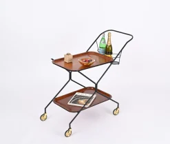 Italienischer Servierwagen mit Flaschenhalter aus Holz, Metall & Messing, Italien, 1960er