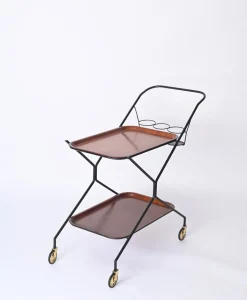 Italienischer Servierwagen mit Flaschenhalter aus Holz, Metall & Messing, Italien, 1960er