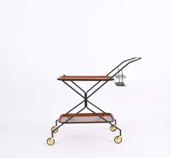 Italienischer Servierwagen mit Flaschenhalter aus Holz, Metall & Messing, Italien, 1960er