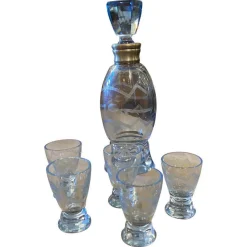 Italienisches Art Deco Likörset aus Silber & graviertem blauem Glas, 1930er, 6er Set