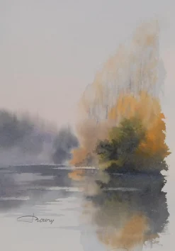 Jacques Noury, Reflections on the Edge of the Lake, Aquarell