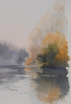 Jacques Noury, Reflections on the Edge of the Lake, Aquarell