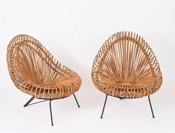 Janine Abraham & Dirk Jan Rol zugeschriebene Rattanstühle, Pouf und Spiegel, 1960er, 4er Set