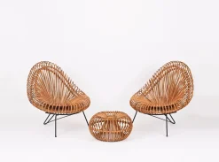 Janine Abraham & Dirk Jan Rol zugeschriebene Rattanstühle, Pouf und Spiegel, 1960er, 4er Set