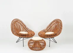 Janine Abraham & Dirk Jan Rol zugeschriebene Rattanstühle, Pouf und Spiegel, 1960er, 4er Set