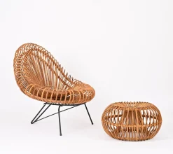 Janine Abraham & Dirk Jan Rol zugeschriebene Rattanstühle, Pouf und Spiegel, 1960er, 4er Set