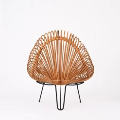 Janine Abraham & Dirk Jan Rol zugeschriebene Rattanstühle, Pouf und Spiegel, 1960er, 4er Set