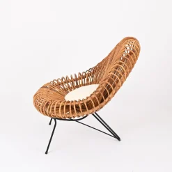 Janine Abraham & Dirk Jan Rol zugeschriebene Rattanstühle, Pouf und Spiegel, 1960er, 4er Set
