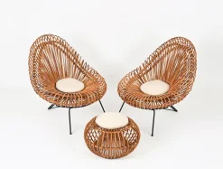 Janine Abraham & Dirk Jan Rol zugeschriebene Rattanstühle, Pouf und Spiegel, 1960er, 4er Set