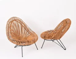 Janine Abraham & Dirk Jan Rol zugeschriebene Rattanstühle, Pouf und Spiegel, 1960er, 4er Set