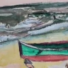Jean Pons, Kleines Boot und Badende in Dinard, 1961, Mixed Media auf Papier, Gerahmt