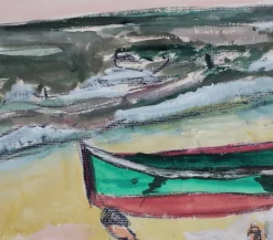 Jean Pons, Kleines Boot und Badende in Dinard, 1961, Mixed Media auf Papier, Gerahmt