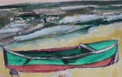 Jean Pons, Kleines Boot und Badende in Dinard, 1961, Mixed Media auf Papier, Gerahmt