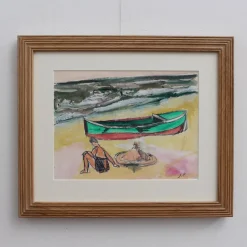 Jean Pons, Kleines Boot und Badende in Dinard, 1961, Mixed Media auf Papier, Gerahmt
