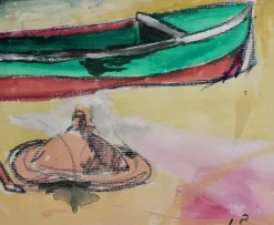 Jean Pons, Kleines Boot und Badende in Dinard, 1961, Mixed Media auf Papier, Gerahmt