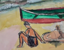Jean Pons, Kleines Boot und Badende in Dinard, 1961, Mixed Media auf Papier, Gerahmt