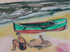 Jean Pons, Kleines Boot und Badende in Dinard, 1961, Mixed Media auf Papier, Gerahmt