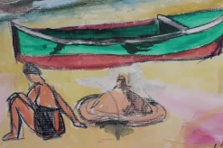 Jean Pons, Kleines Boot und Badende in Dinard, 1961, Mixed Media auf Papier, Gerahmt