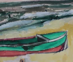 Jean Pons, Kleines Boot und Badende in Dinard, 1961, Mixed Media auf Papier, Gerahmt