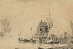 John Henderson, Boote in der Nähe einer Anlegestelle, 18. Jahrhundert, Waschzeichnung