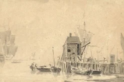 John Henderson, Boote in der Nähe einer Anlegestelle, 18. Jahrhundert, Waschzeichnung