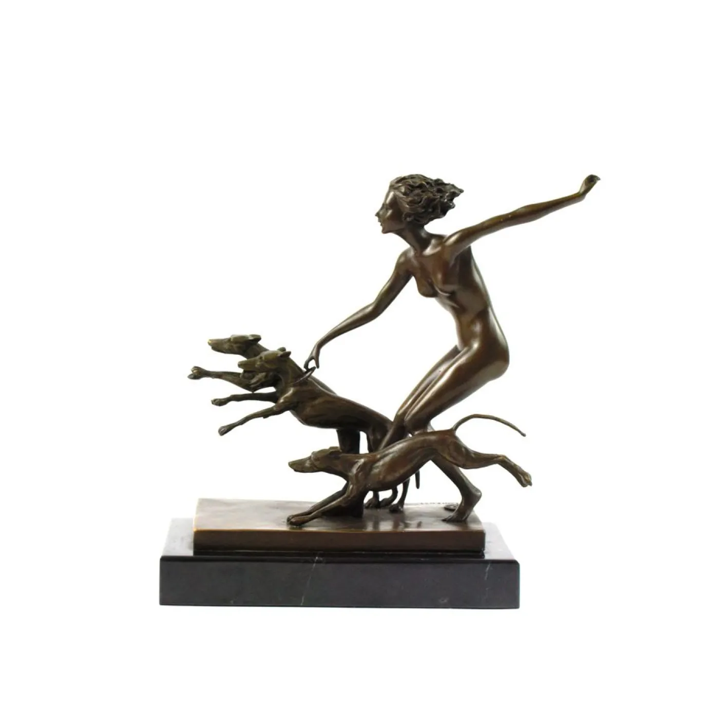 Josef Lorenzl, Art Deco Frauenakt mit Hunden, 1920er, Bronze auf Marmorsockel
