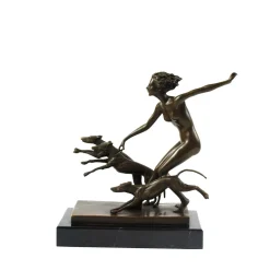 Josef Lorenzl, Art Deco Frauenakt mit Hunden, 1920er, Bronze auf Marmorsockel