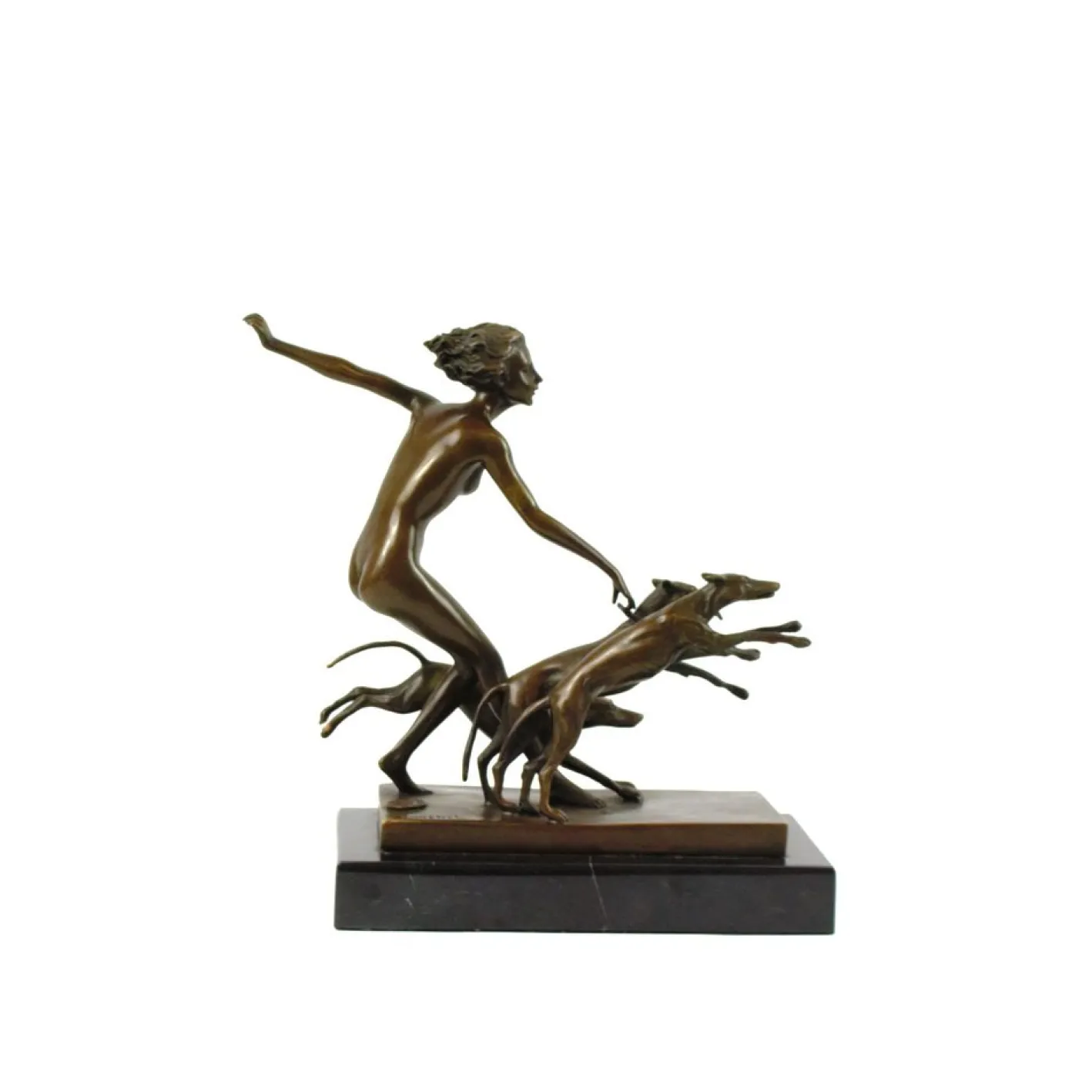 Josef Lorenzl, Art Deco Frauenakt mit Hunden, 1920er, Bronze auf Marmorsockel