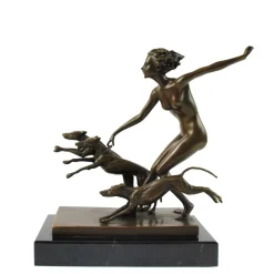 Josef Lorenzl, Art Deco Frauenakt mit Hunden, 1920er, Bronze auf Marmorsockel