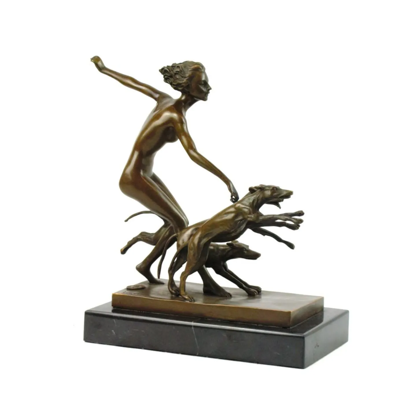 Josef Lorenzl, Art Deco Frauenakt mit Hunden, 1920er, Bronze auf Marmorsockel