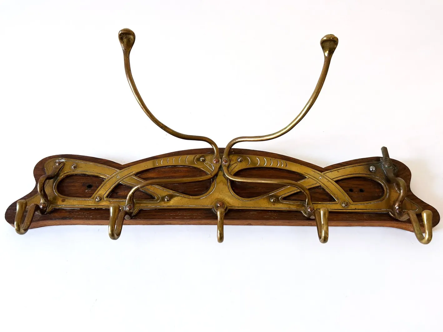 Jugendstil Garderobe oder Kleiderbügel aus Messing & Holz, Deutschland, 1900er