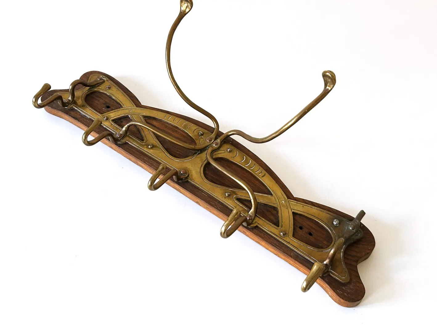 Jugendstil Garderobe oder Kleiderbügel aus Messing & Holz, Deutschland, 1900er
