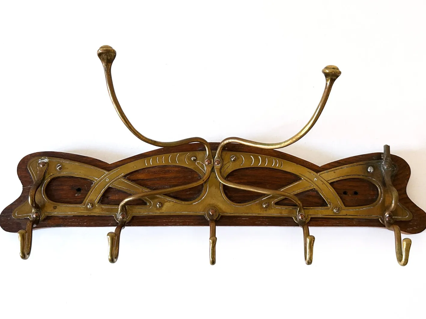 Jugendstil Garderobe oder Kleiderbügel aus Messing & Holz, Deutschland, 1900er