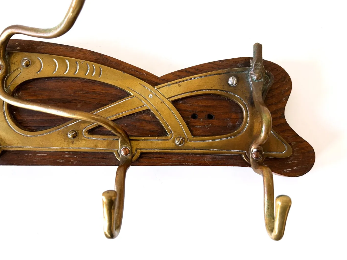 Jugendstil Garderobe oder Kleiderbügel aus Messing & Holz, Deutschland, 1900er