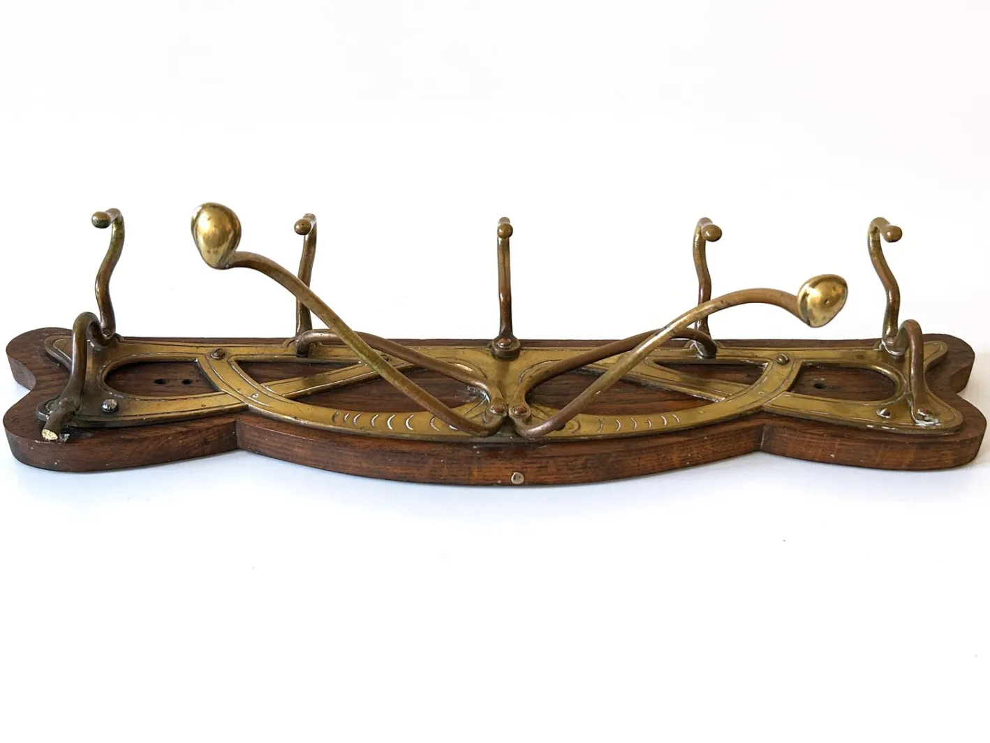 Jugendstil Garderobe oder Kleiderbügel aus Messing & Holz, Deutschland, 1900er