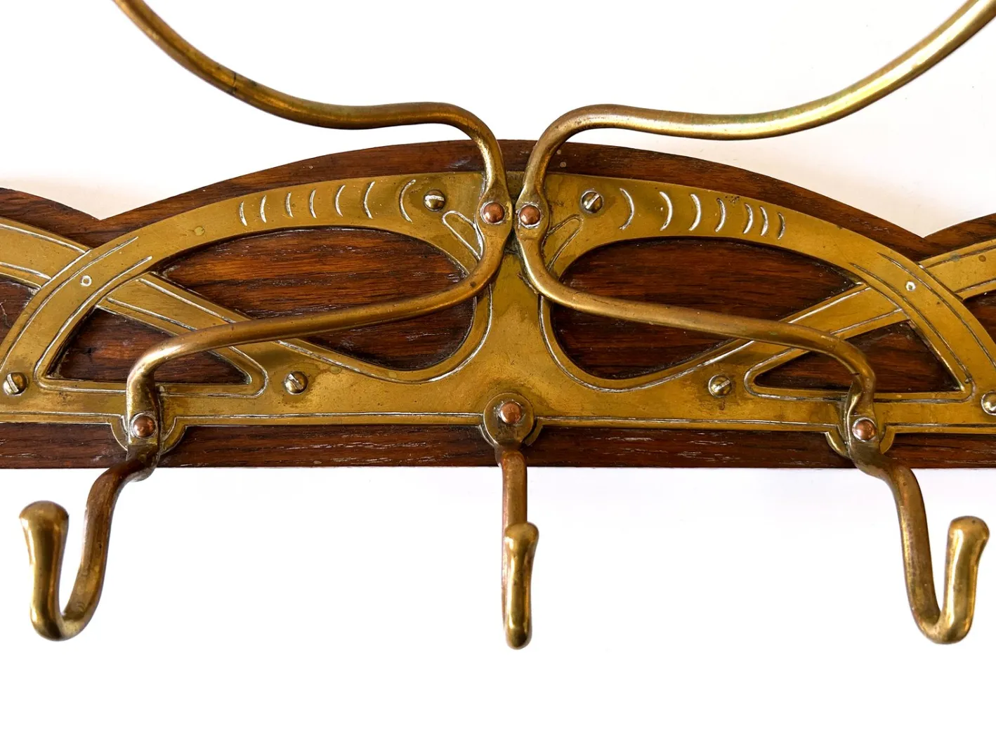 Jugendstil Garderobe oder Kleiderbügel aus Messing & Holz, Deutschland, 1900er