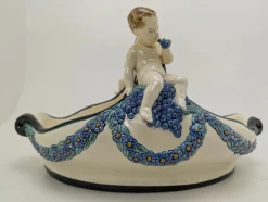 Jugendstil Schale aus Majolika Henkel mit Putten von Karlsruhe Majolika Manufaktur, 1910