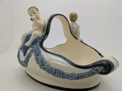 Jugendstil Schale aus Majolika Henkel mit Putten von Karlsruhe Majolika Manufaktur, 1910