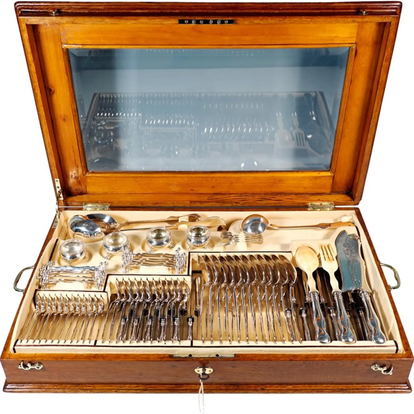 Jugendstil Silberbesteck für 12 Personen in Vitrine, Österreich-Ungarn, 1890er, 112er Set
