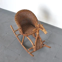 Kinder Rattan Schaukelstuhl / Pferd, 1950er