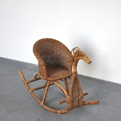 Kinder Rattan Schaukelstuhl / Pferd, 1950er