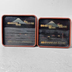 Lackierte Holztabletts mit Berglandschaft, 1920er, 4er Set