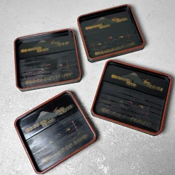 Lackierte Holztabletts mit Berglandschaft, 1920er, 4er Set